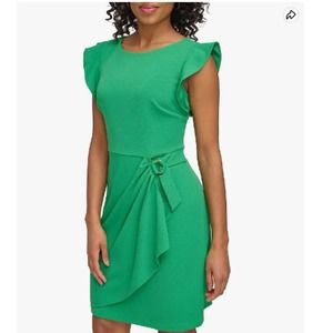 DKNY Kelley Green Faux Wrap Dress with Round Neckline Flutter Sleeves Size 8